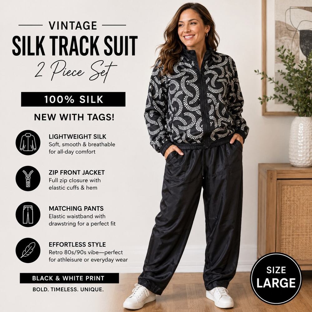 Vintage NWT Pure Silk Womens Track Suit 2 Pc Set Black White Print Jacket Pants